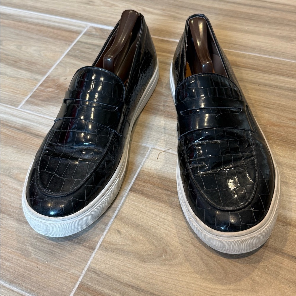 Black Croc-Embossed Slip-On Loafers with White Sole